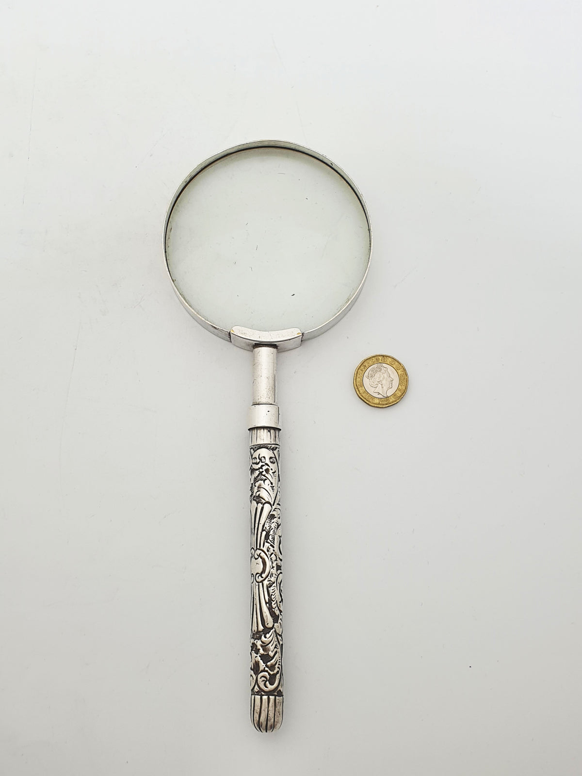 Antique Victorian Sterling Silver Repoussé Handle Magnifying Glass - 1895
