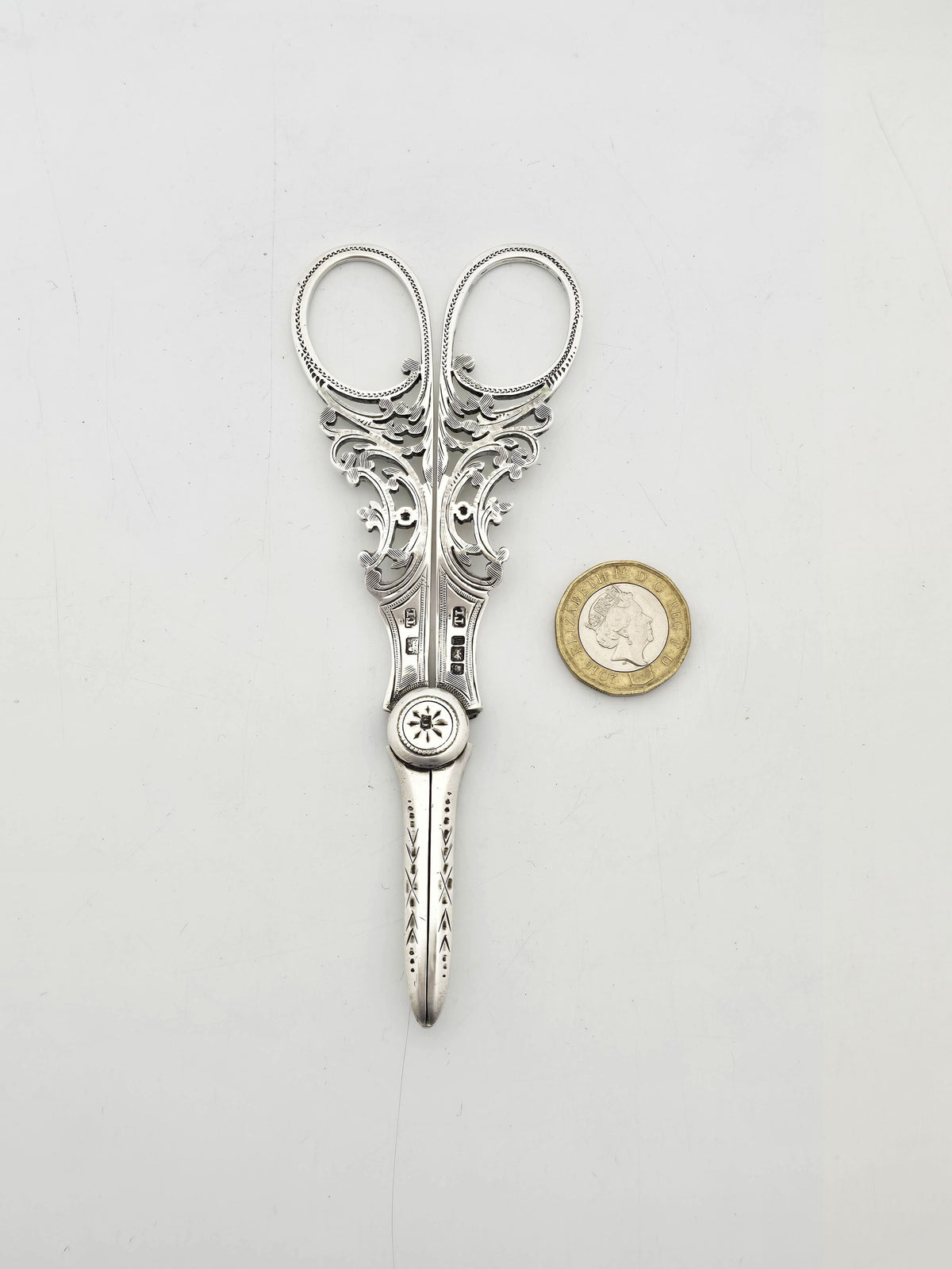 Antique Edwardian Sterling Silver Grape Scissors With Pierced Handles – circa 1905
