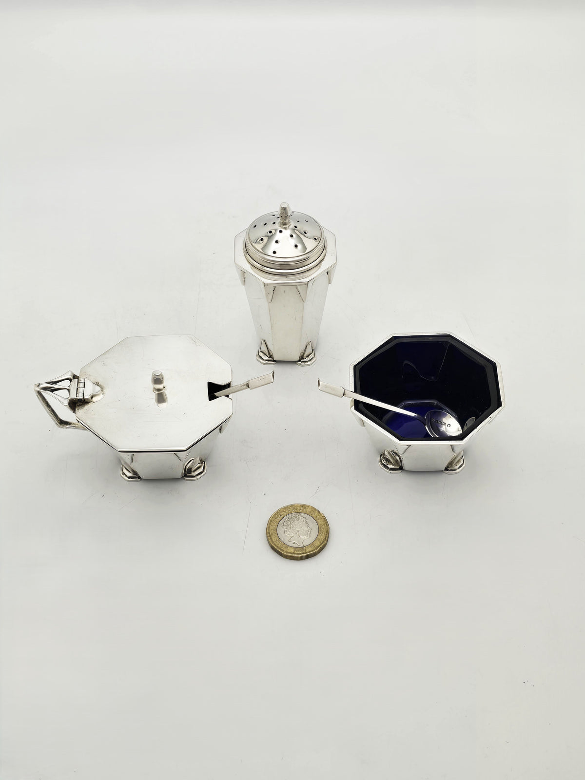 Art Deco Sterling Silver and Glass Cruet Set Birmingham 1935 Jubilee Mark