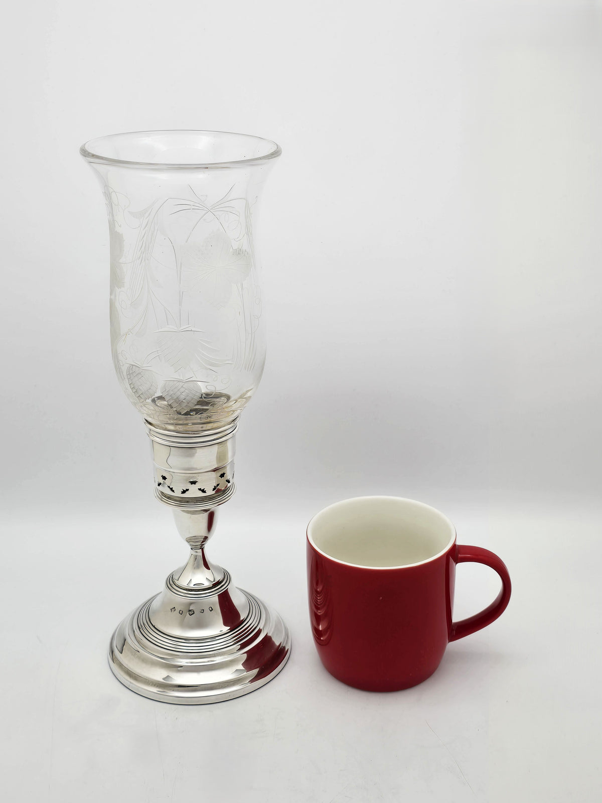 Vintage Sterling Silver and Engraved Glass Hurricane Lamp Sheffield 1977