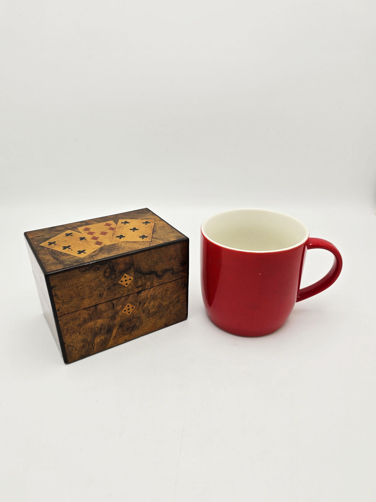 Antique Victorian Burr Walnut Card Box Inlaid Playing Card Motif circa 1880