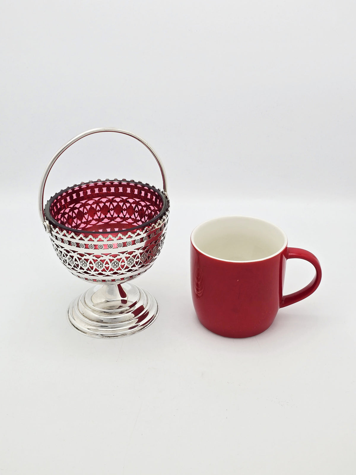 Antique Victorian Silver Plated Cranberry Glass Basket circa 1890