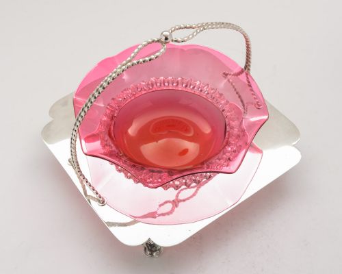 Stunning Cranberry Glass Dish in Silver Plated Stand - circa 1905