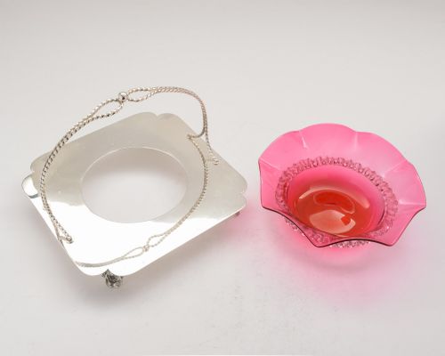 Stunning Cranberry Glass Dish in Silver Plated Stand - circa 1905