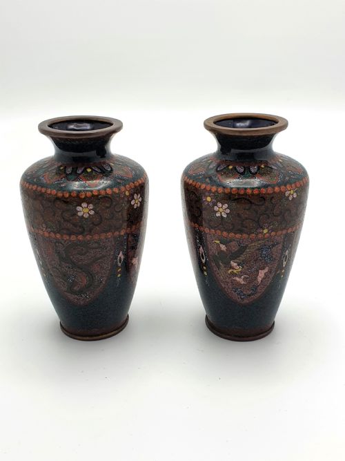 一对精美的日本景泰蓝小古董花瓶 - 约 1930 年