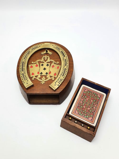 Prächtiges viktorianisches Cribbage-Brett aus Eiche und Messing – um 1890