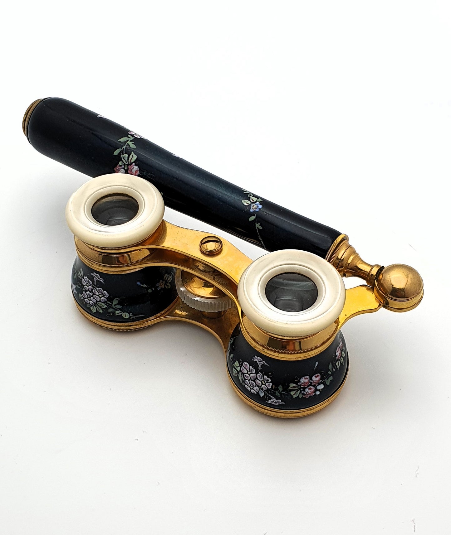 Stunning Pair of Enamelled Antique Opera Glasses - Mother of Pearl and Lacquered Brass - Edwardian - circa 1900