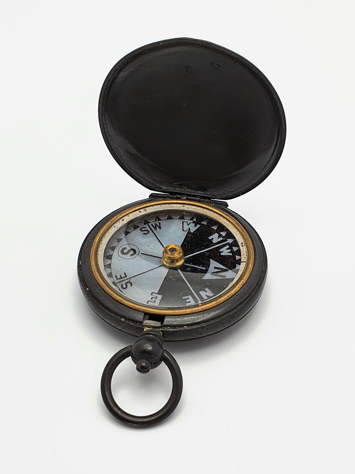 Antique English Black Lacquered Brass Compass - 1915