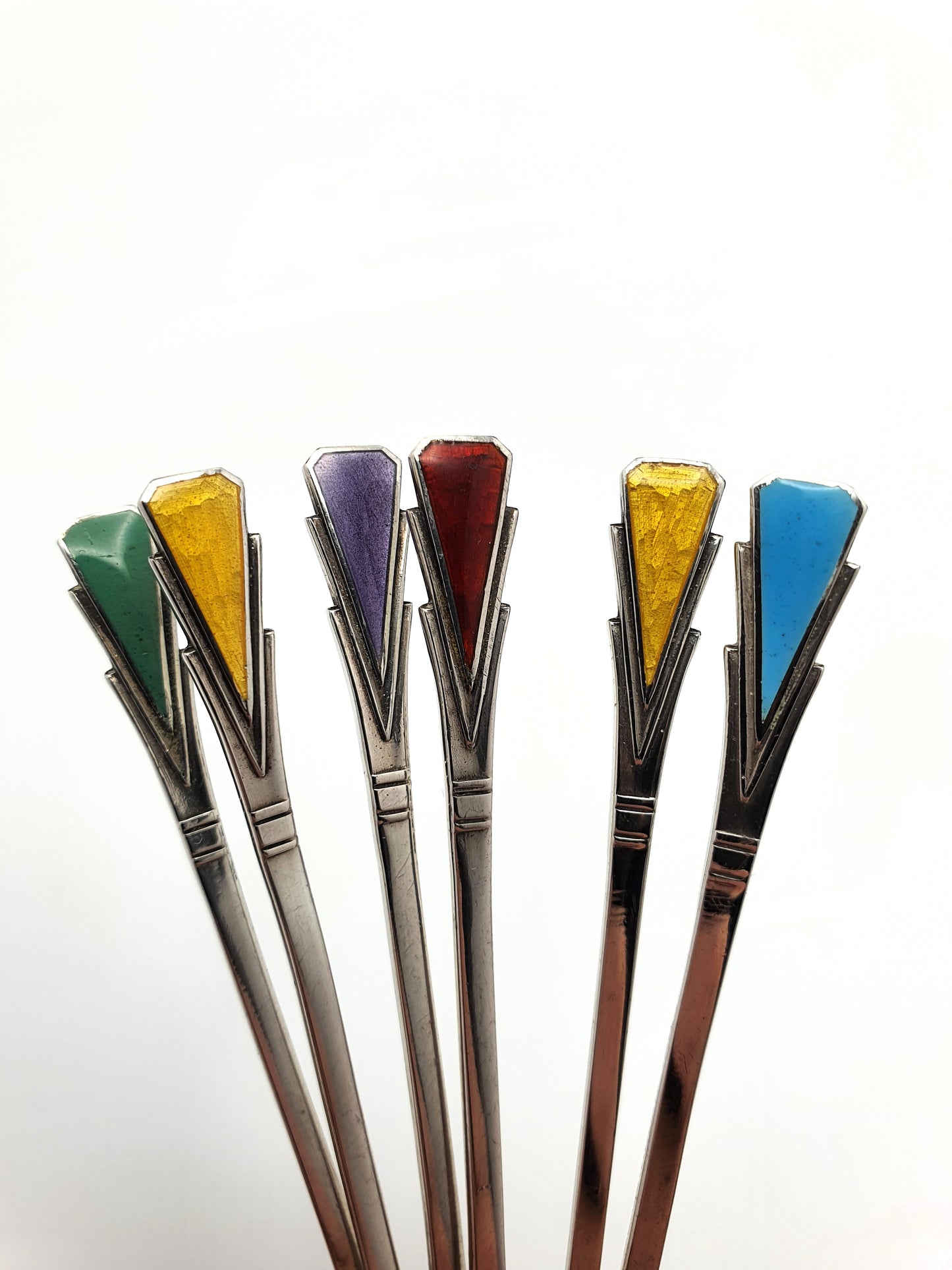 Pretty Silver and Coloured Enamelled Art Deco Teaspoons – 1938