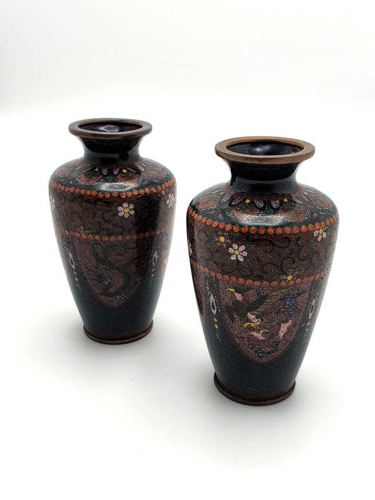 Nice Pair of Small Antique Japanese Cloisonné Vases - circa 1930