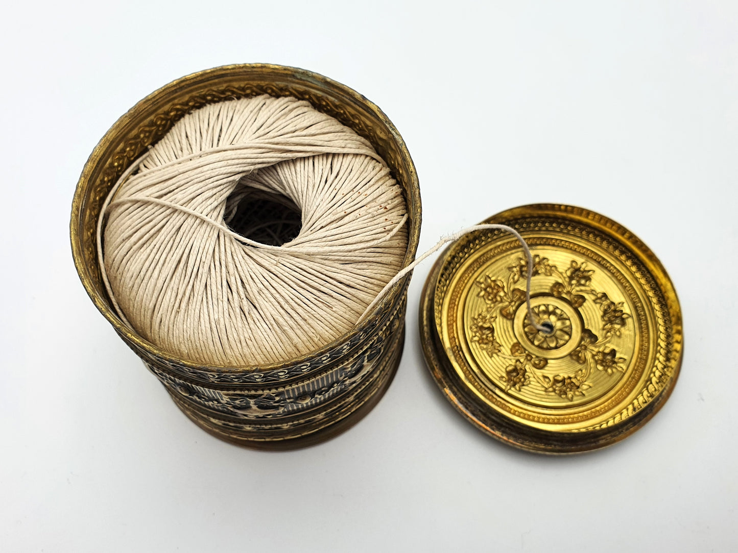 Good Victorian Embossed Brass String Box - circa 1880