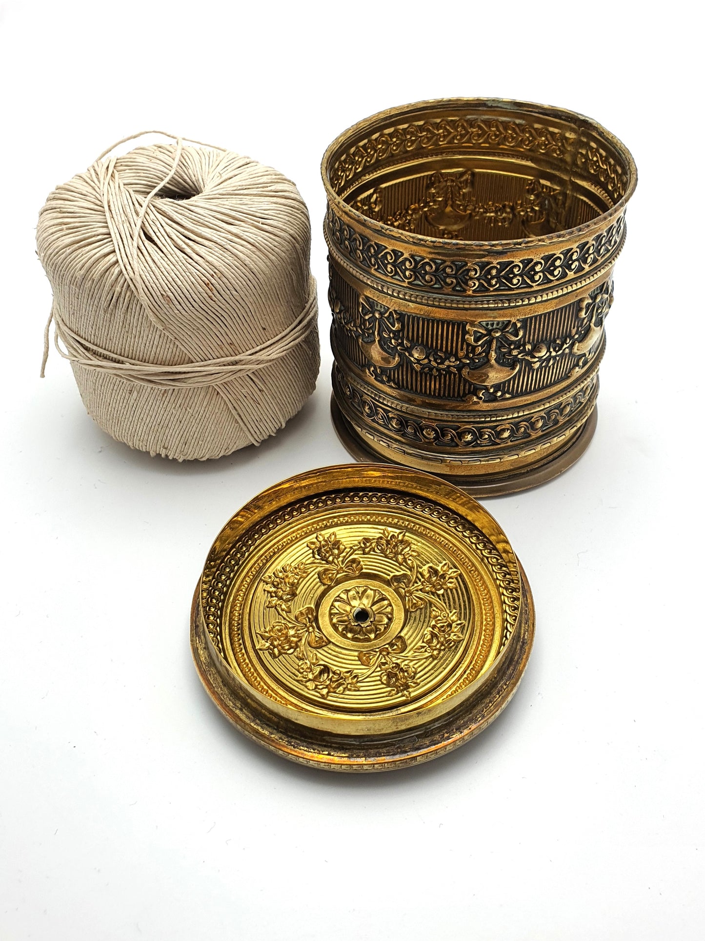 Good Victorian Embossed Brass String Box - circa 1880