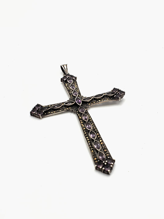 Splendid Amethyst and Marcasite Silver Cross Pendant - circa 1960