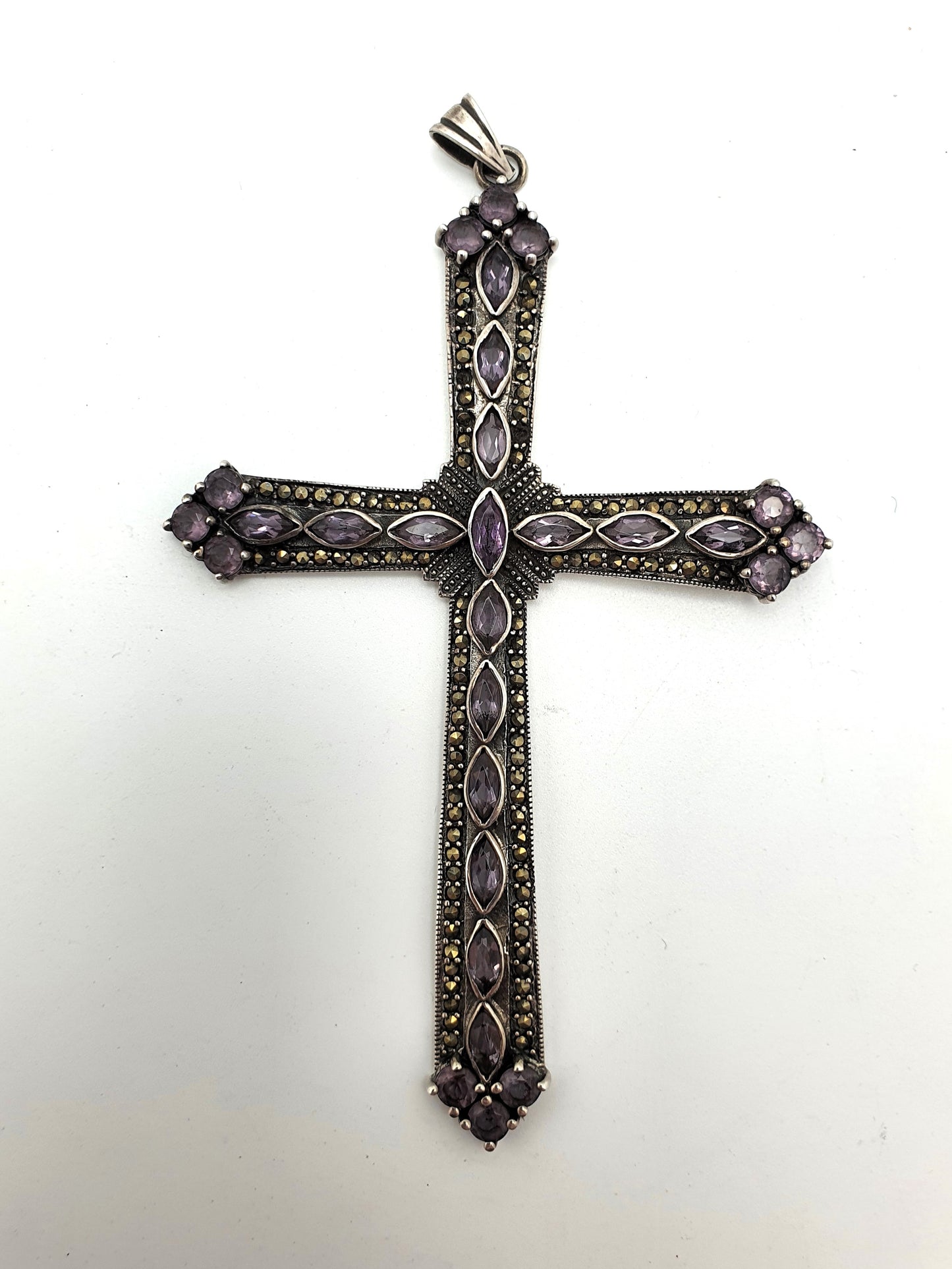 Splendid Amethyst and Marcasite Silver Cross Pendant - circa 1960