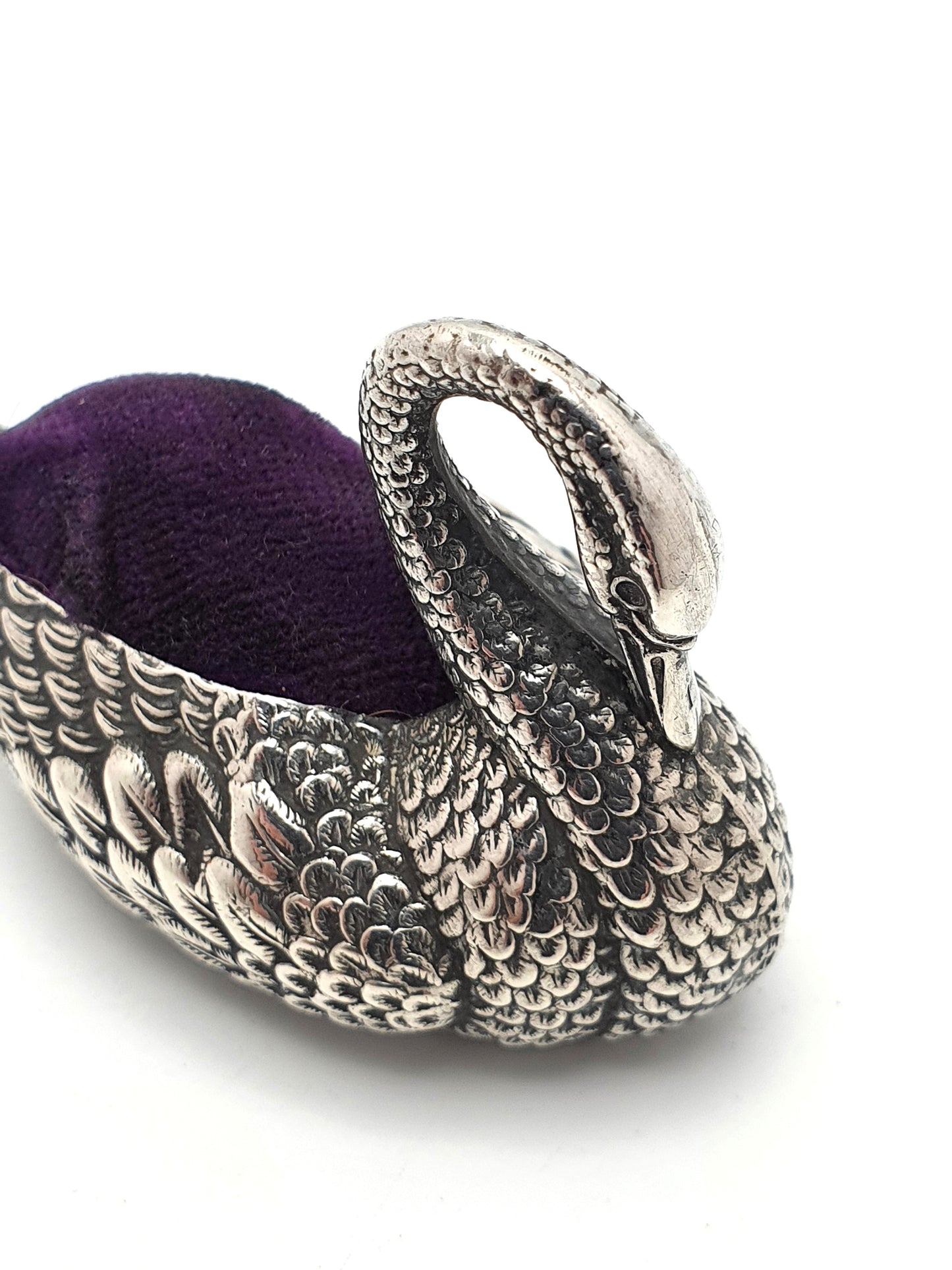 Gorgeous Antique Edwardian Silver Swan Pin Cushion - 1908