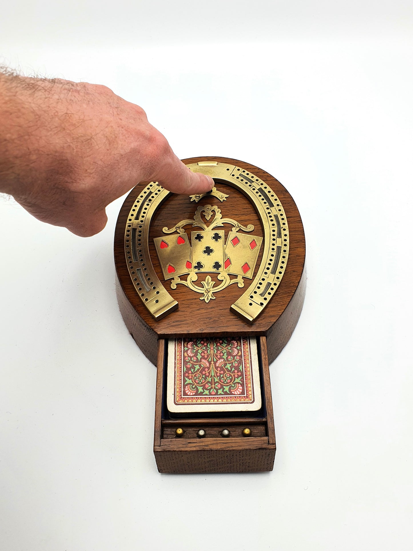 Splendid Victorian Oak and Brass Cribbage Board - circa 1890