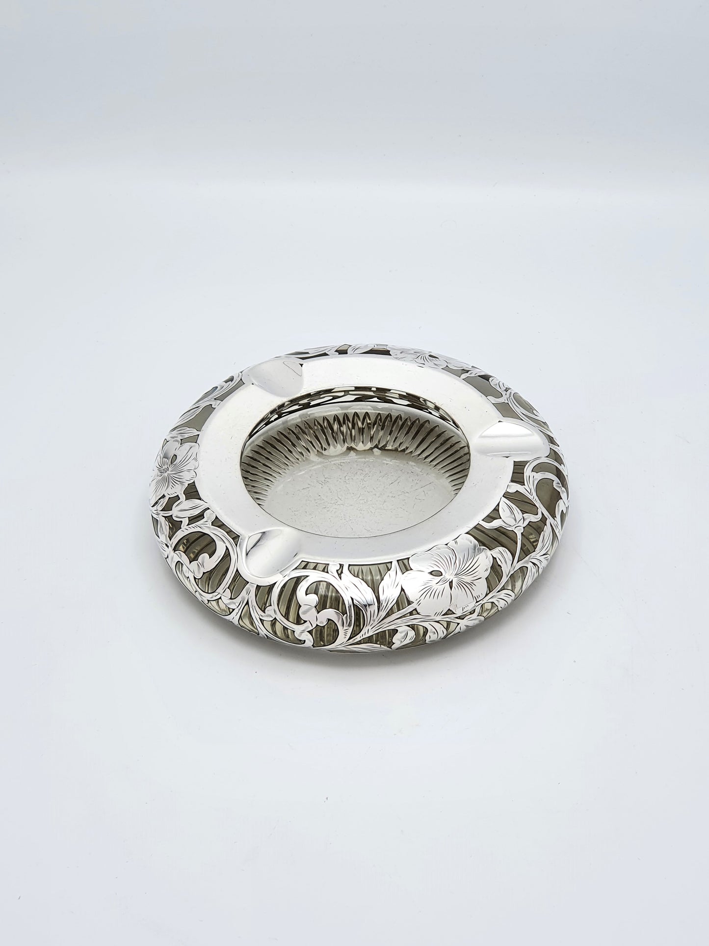 Fabulous Antique Sterling Silver & Cut Glass Ash Tray - circa 1900