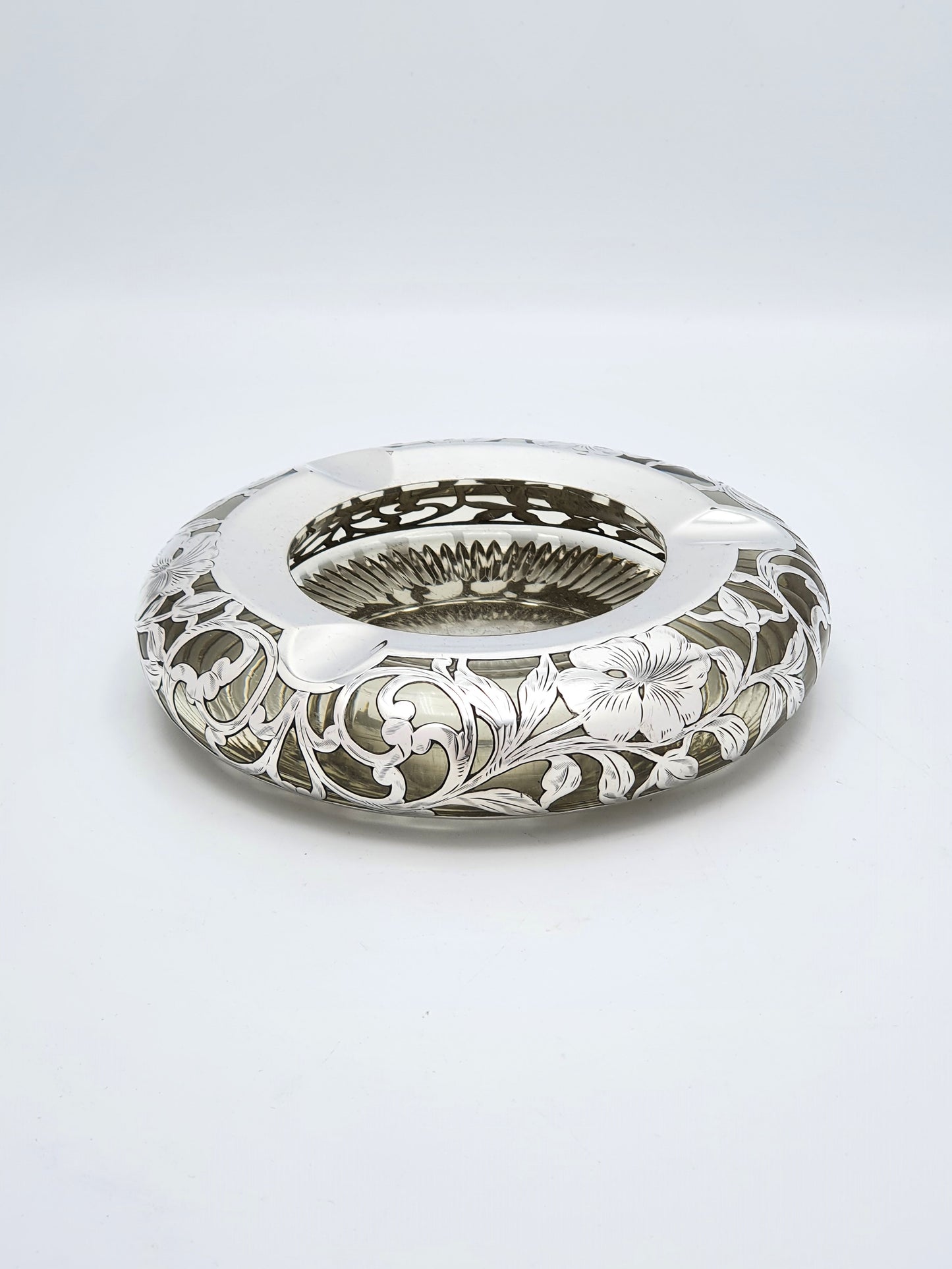 Fabulous Antique Sterling Silver & Cut Glass Ash Tray - circa 1900