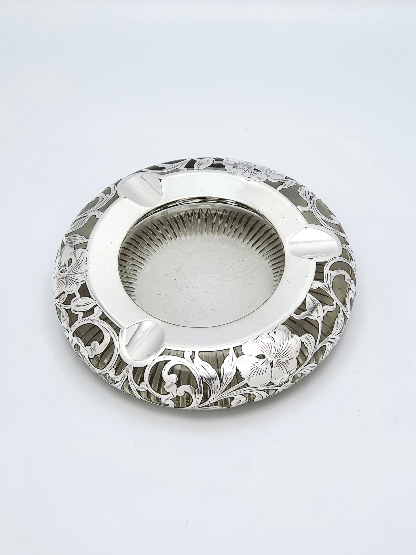 Fabulous Antique Sterling Silver & Cut Glass Ash Tray - circa 1900