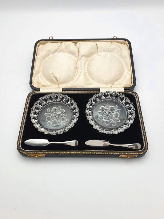 Cased Pair of Glass Butter Dishes and Silver Servers - 1929