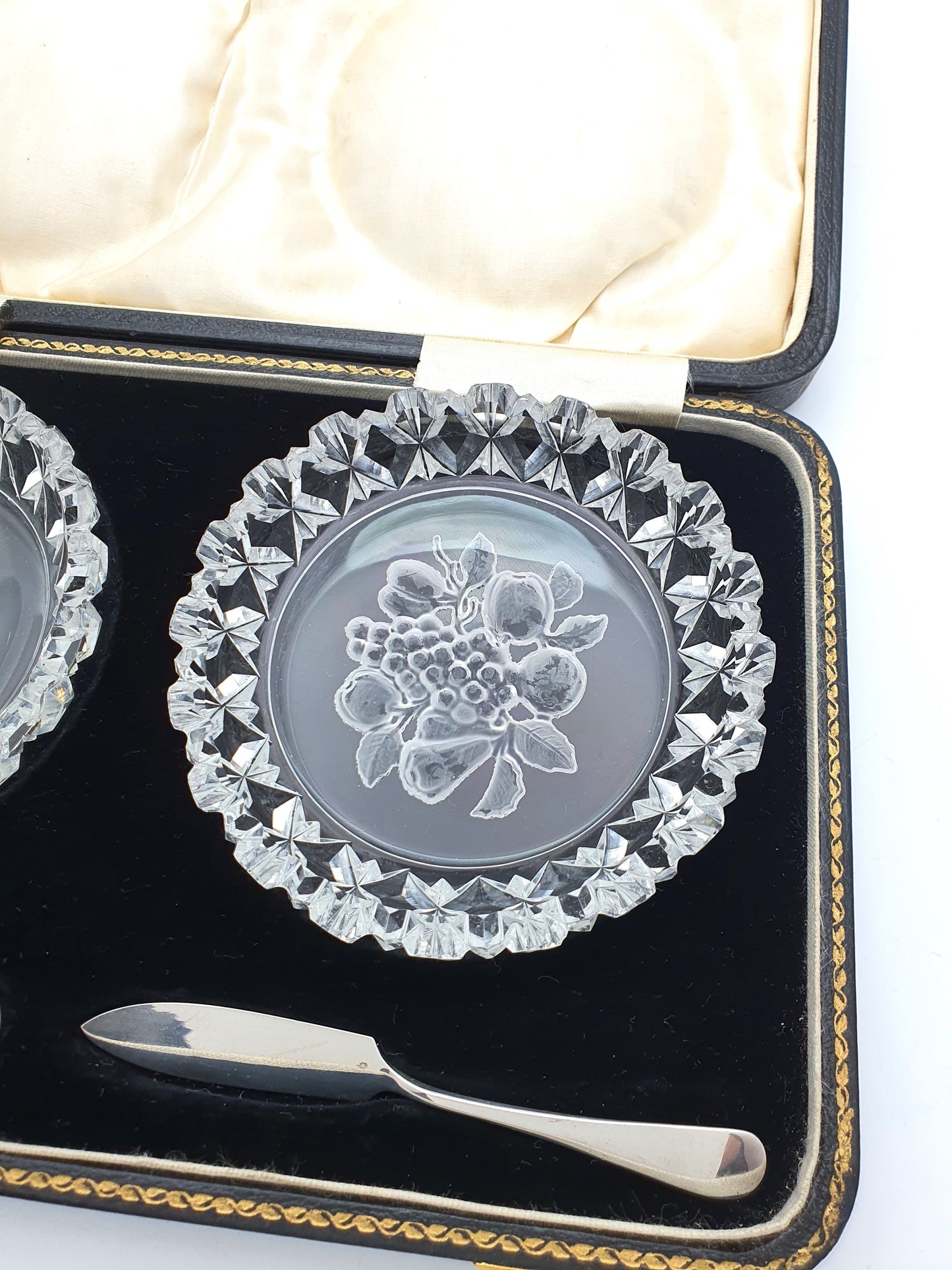 Cased Pair of Glass Butter Dishes and Silver Servers - 1929