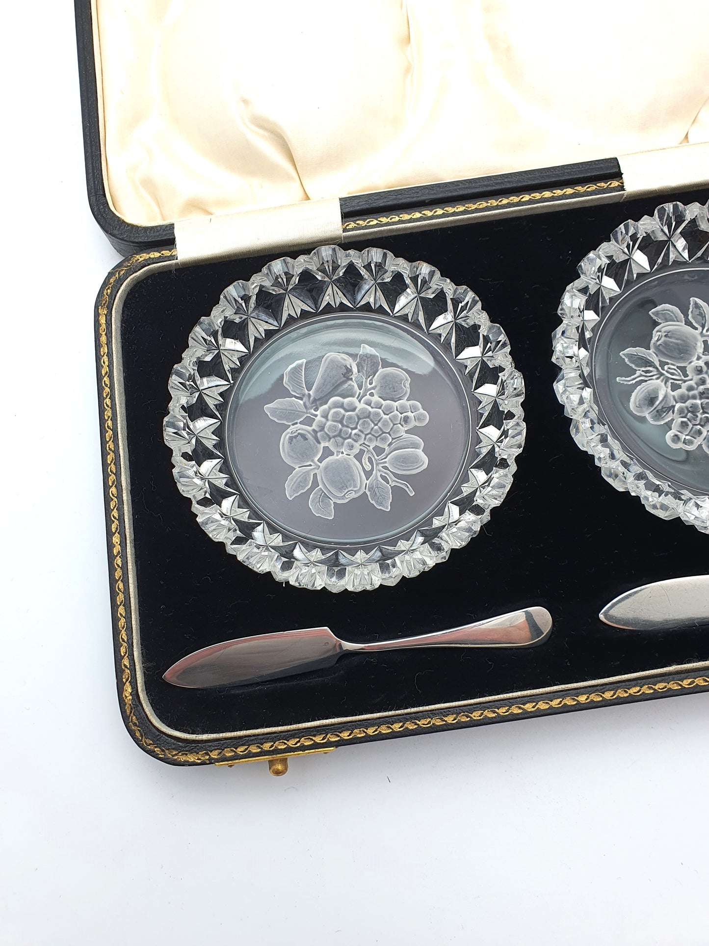 Cased Pair of Glass Butter Dishes and Silver Servers - 1929