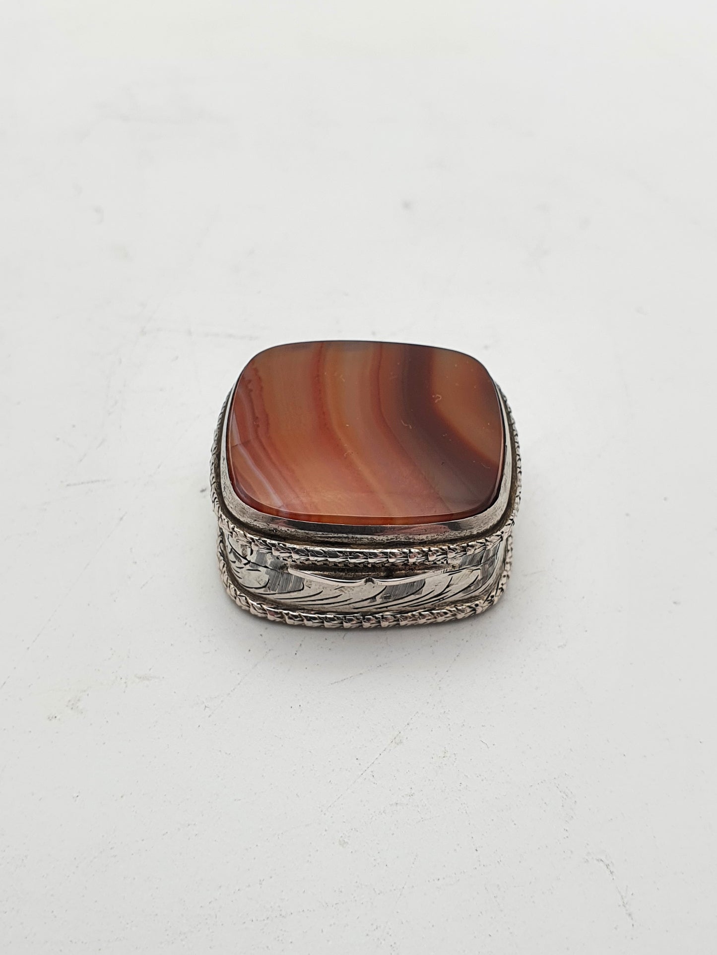 Nice Vintage Continental Silver and Polished Stone Topped Pill Box – circa 1960