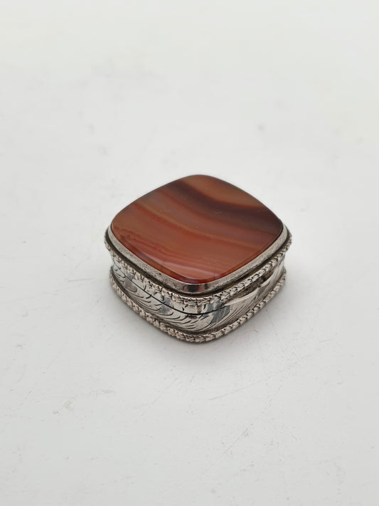 Nice Vintage Continental Silver and Polished Stone Topped Pill Box – circa 1960