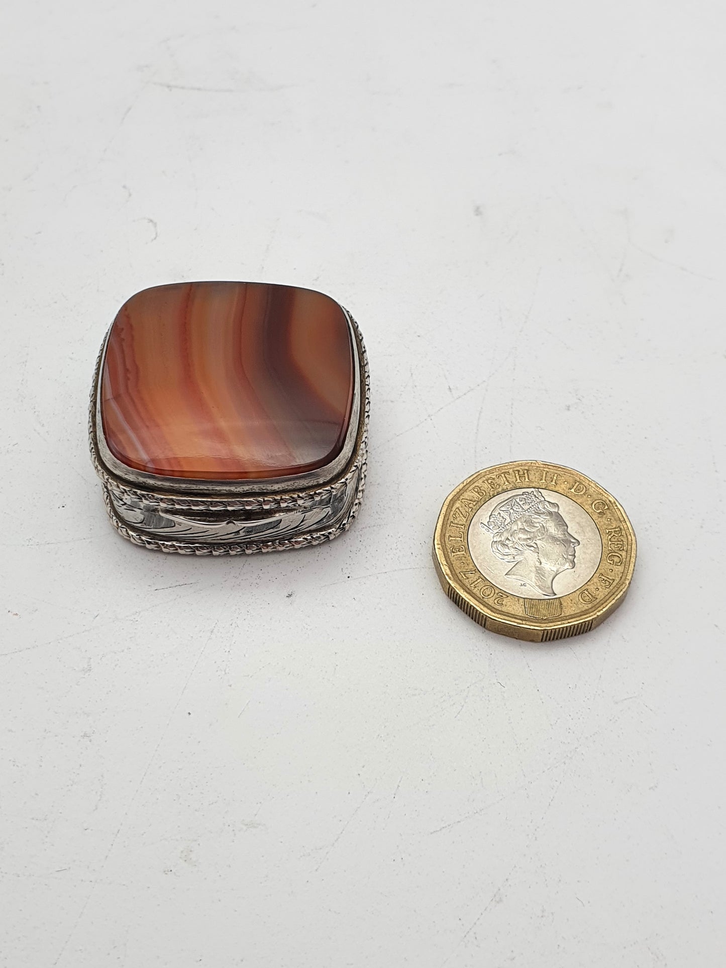 Nice Vintage Continental Silver and Polished Stone Topped Pill Box – circa 1960