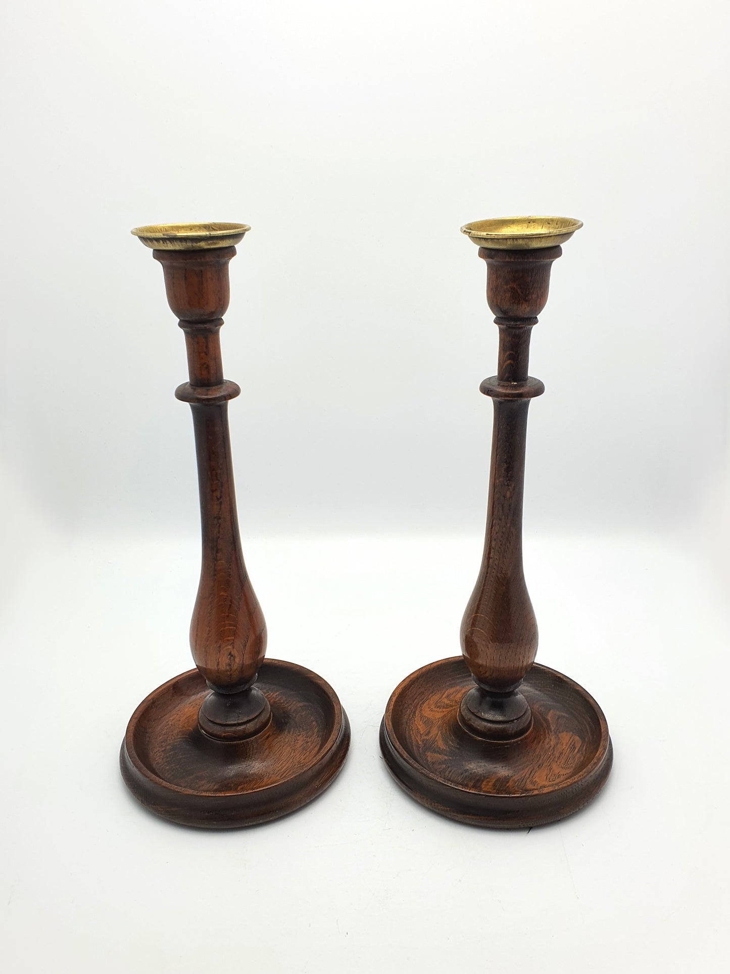 Stylish Pair of Oak and Brass Candlesticks - circa 1920