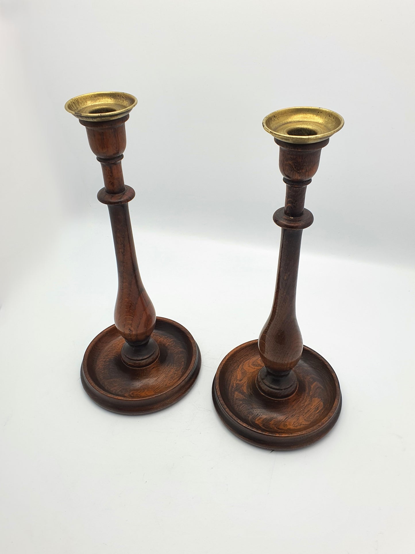 Stylish Pair of Oak and Brass Candlesticks - circa 1920