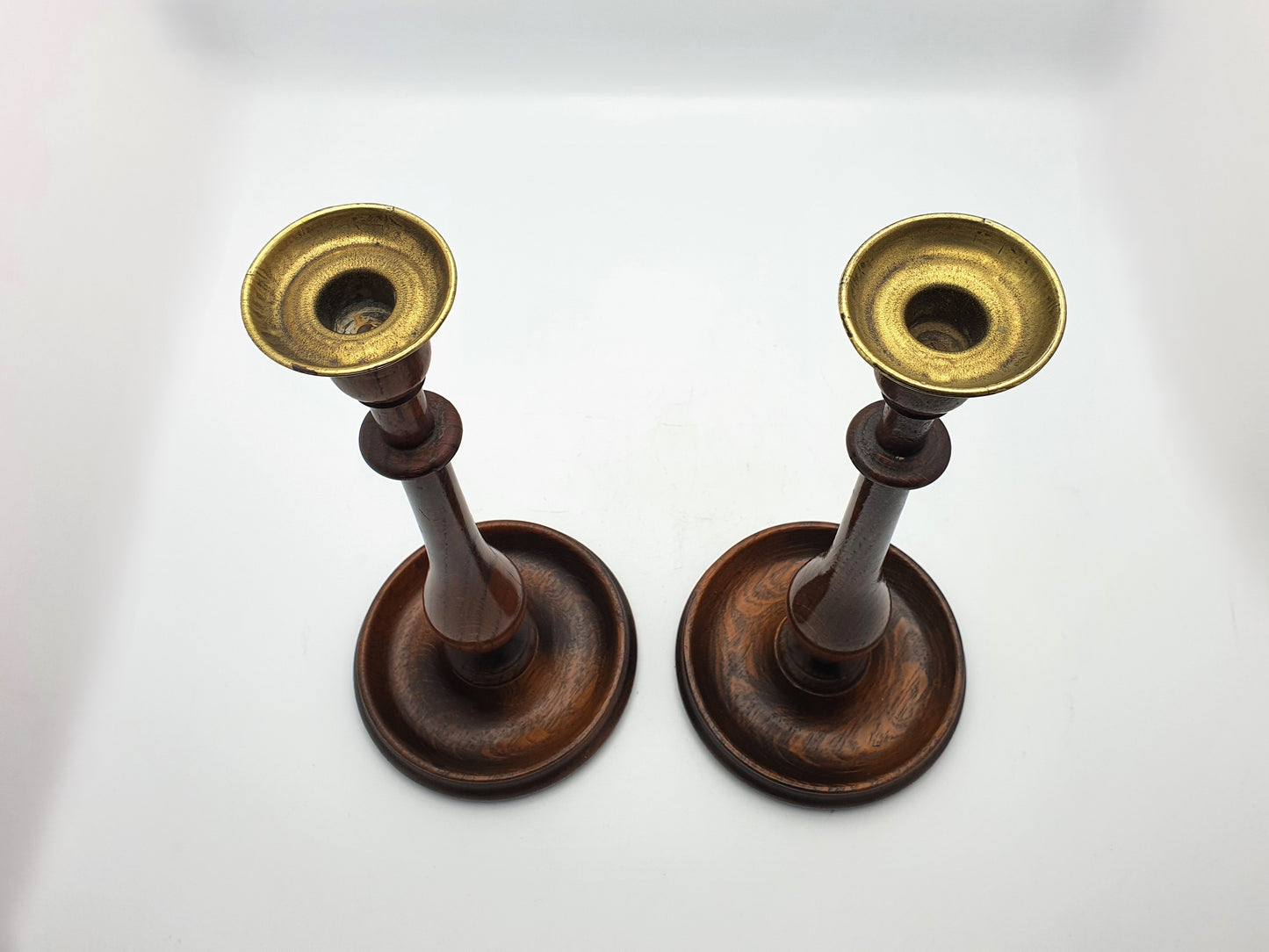 Stylish Pair of Oak and Brass Candlesticks - circa 1920