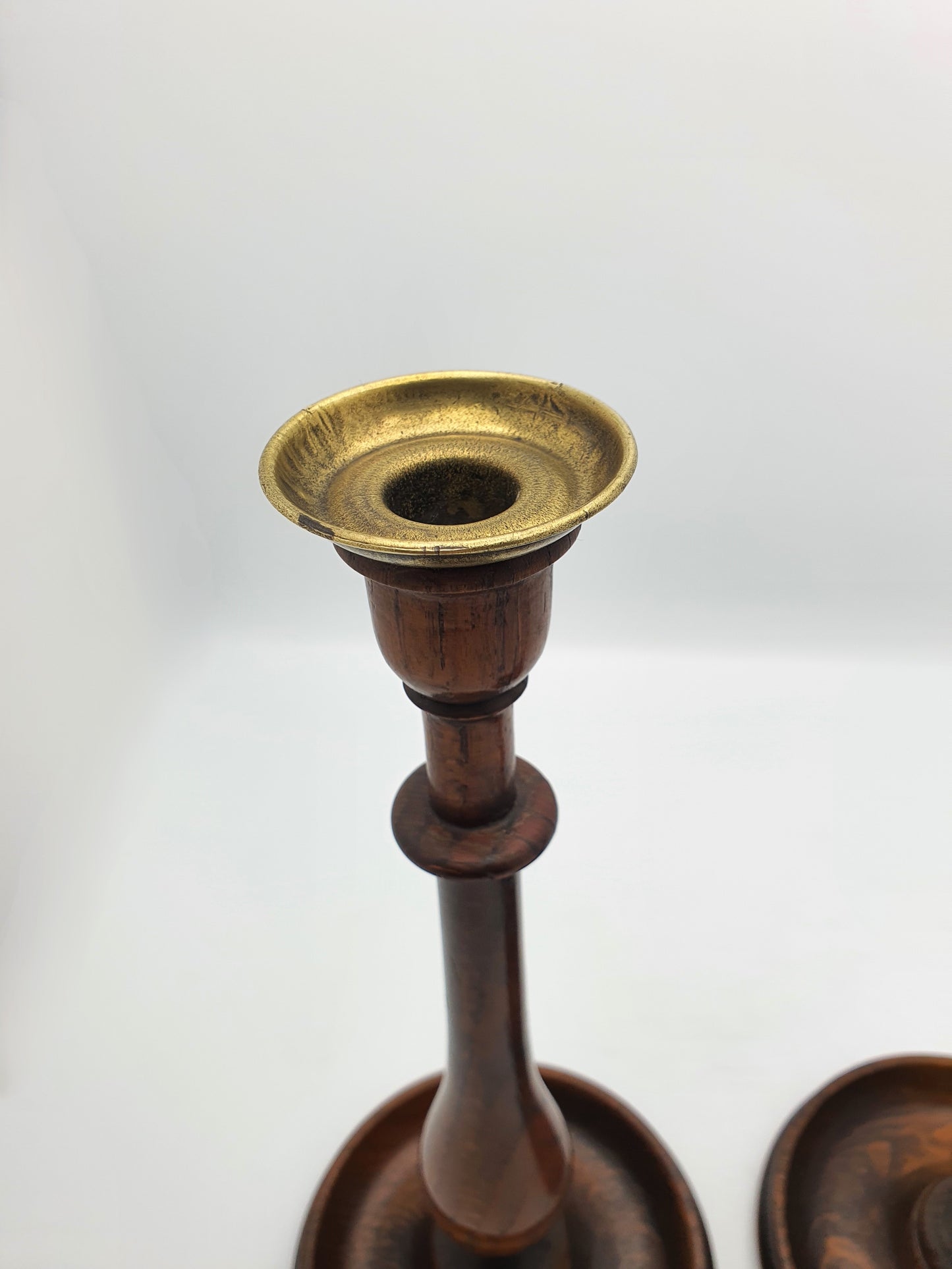 Stylish Pair of Oak and Brass Candlesticks - circa 1920