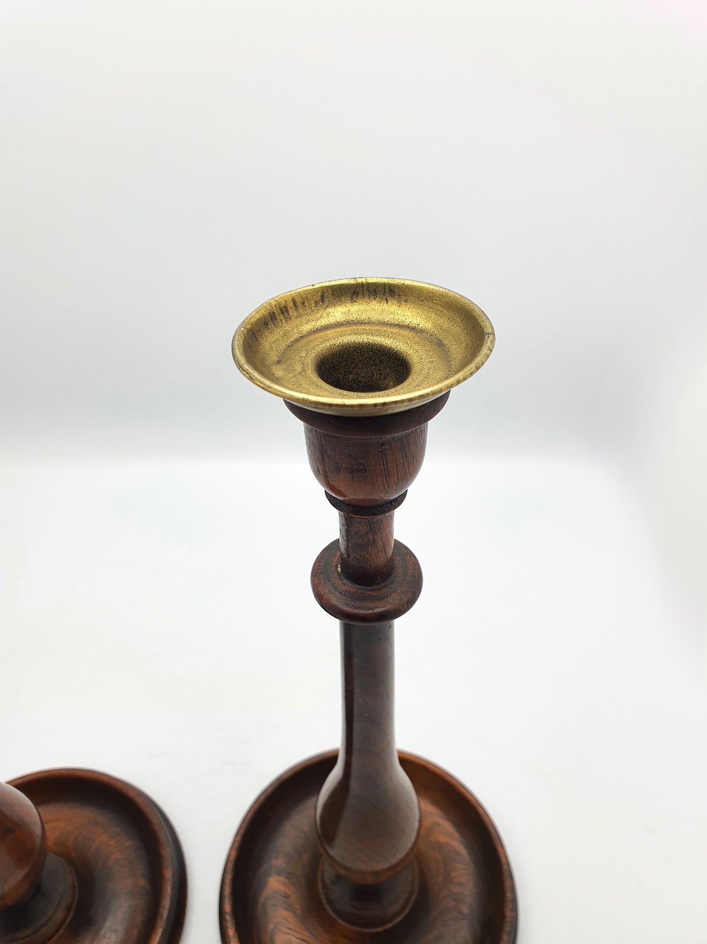 Stylish Pair of Oak and Brass Candlesticks - circa 1920