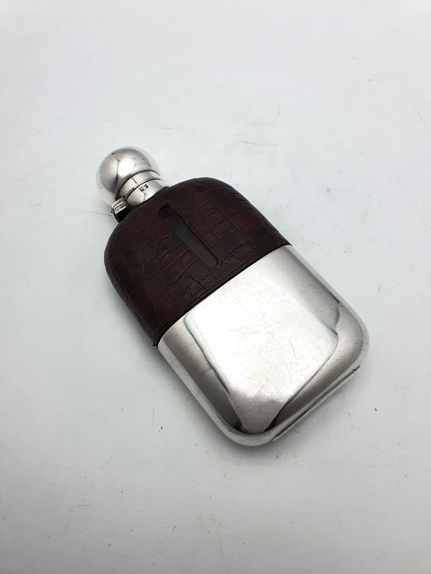 Handsome English Antique Silver Plate and Leather Hip Flask - circa 1920