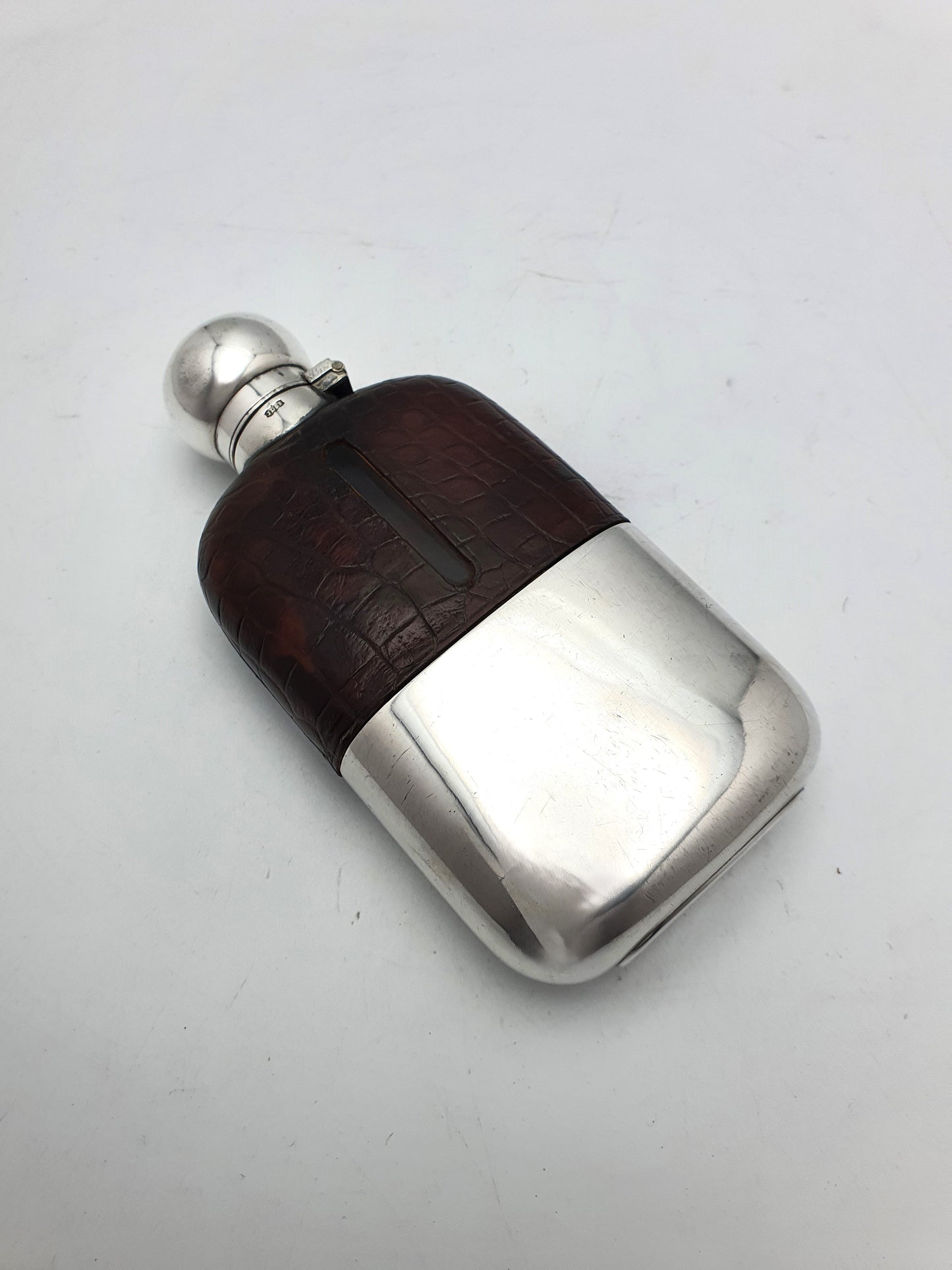 Handsome English Antique Silver Plate and Leather Hip Flask - circa 1920