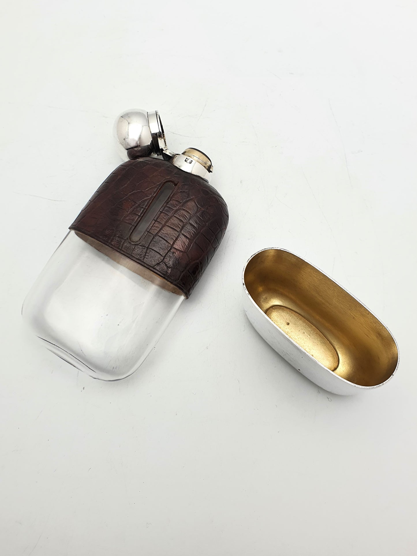 Handsome English Antique Silver Plate and Leather Hip Flask - circa 1920