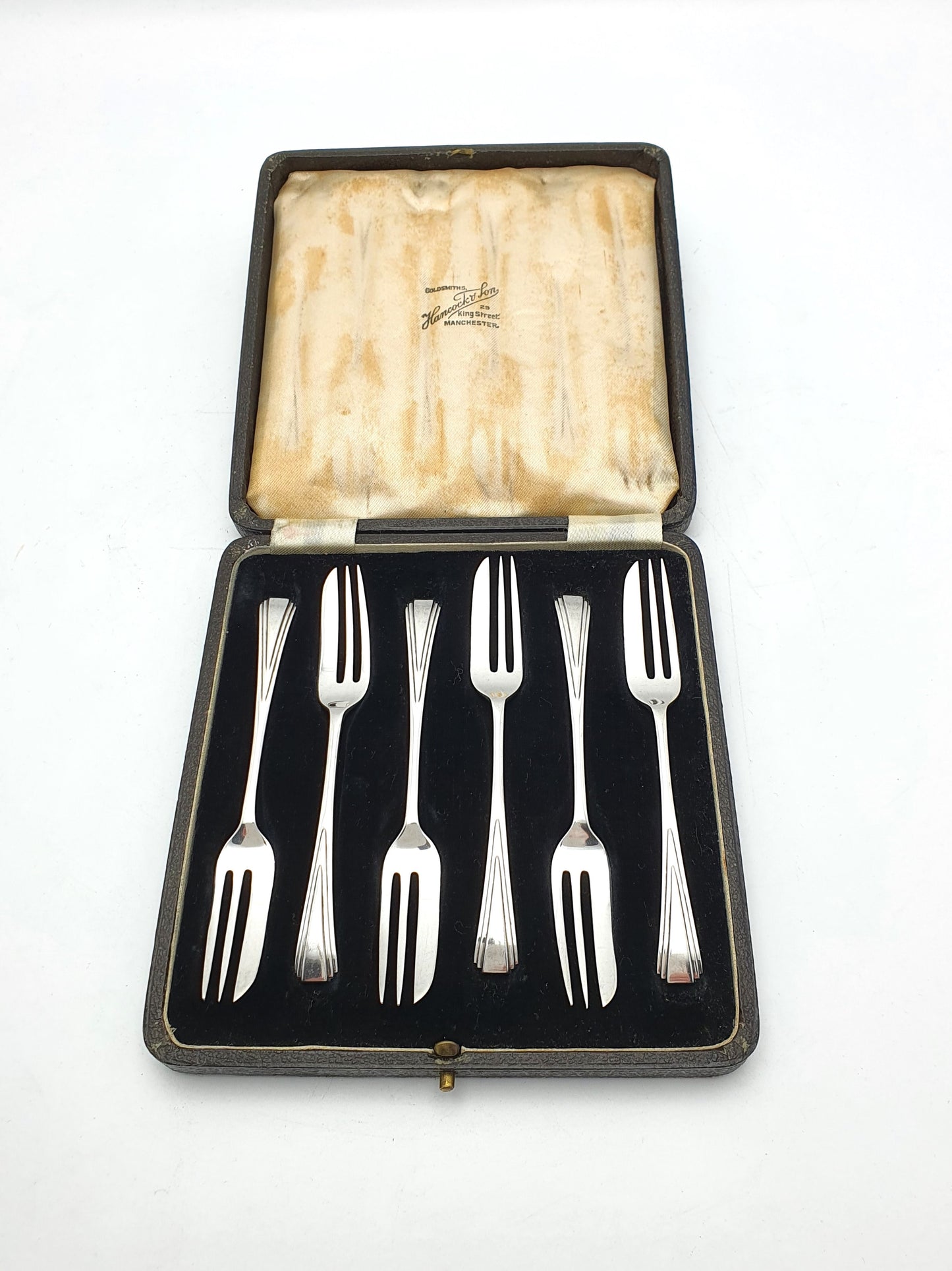 Nice Cased Set of 6 Art Deco Silver Cake Forks - 1934