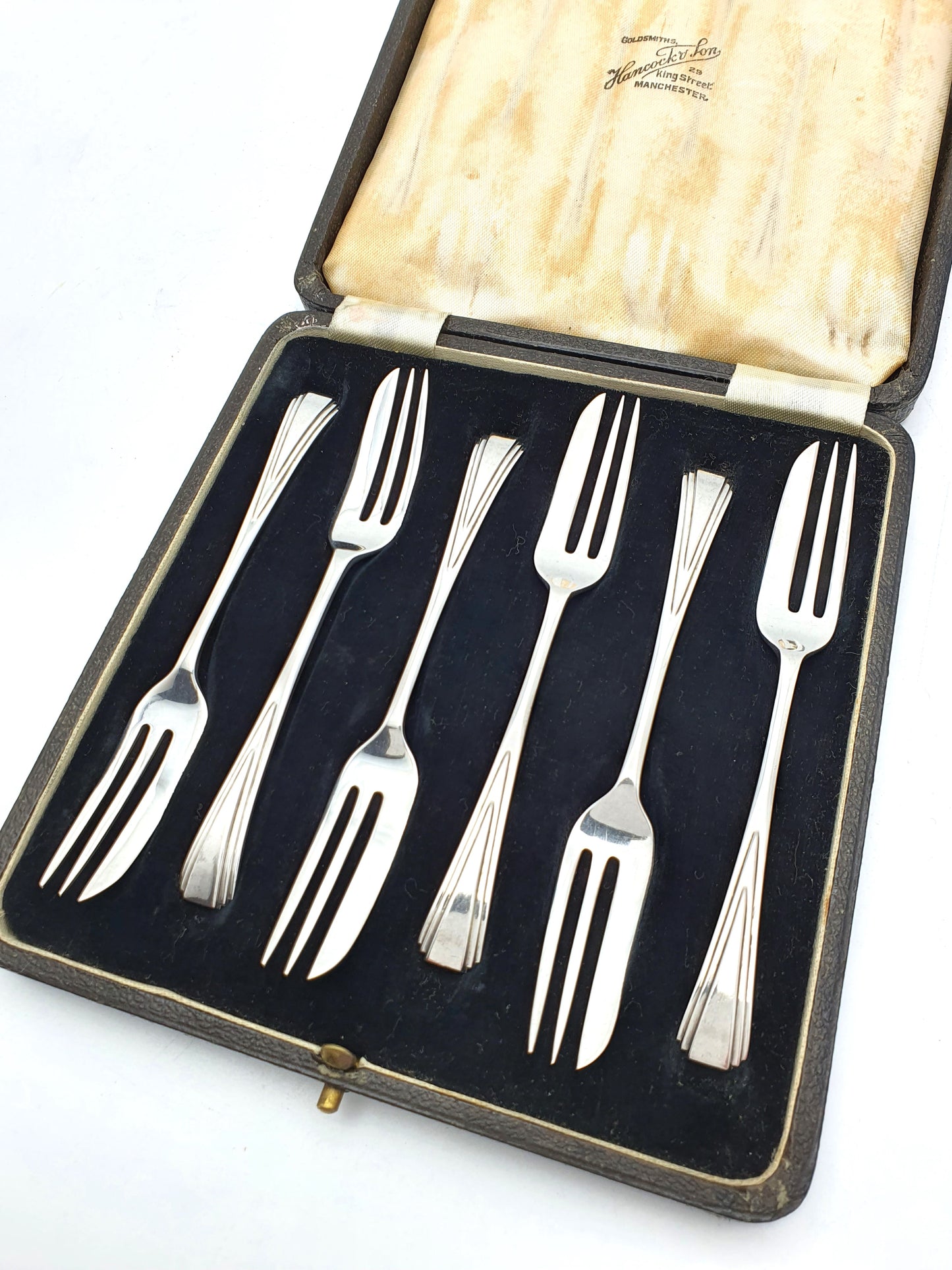 Nice Cased Set of 6 Art Deco Silver Cake Forks - 1934