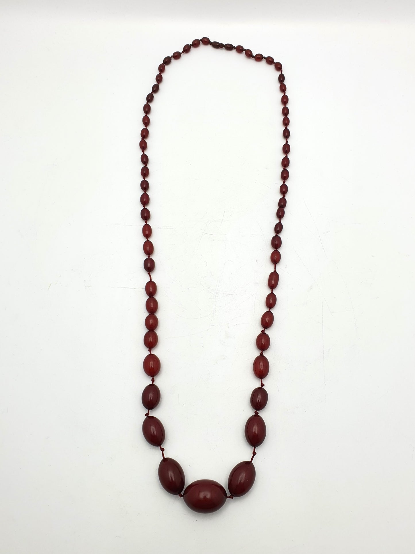 Bakelite Faux Cherry Red Amber Bead Necklace – circa 1930