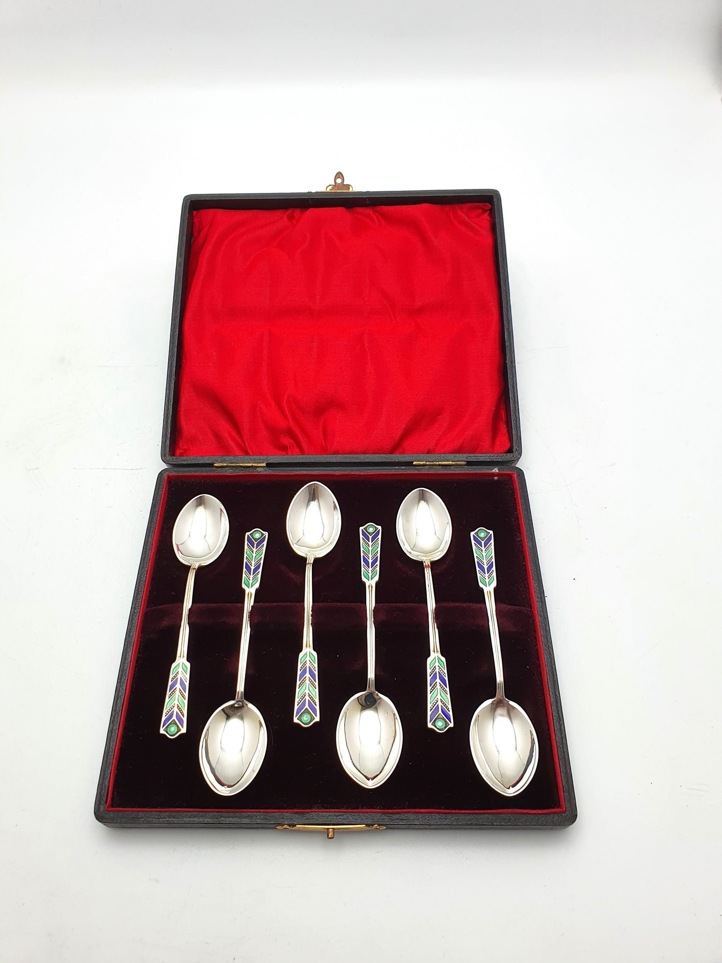 Fabulous Set of 6 Art Deco Enamelled Silver Teaspoons - 1941