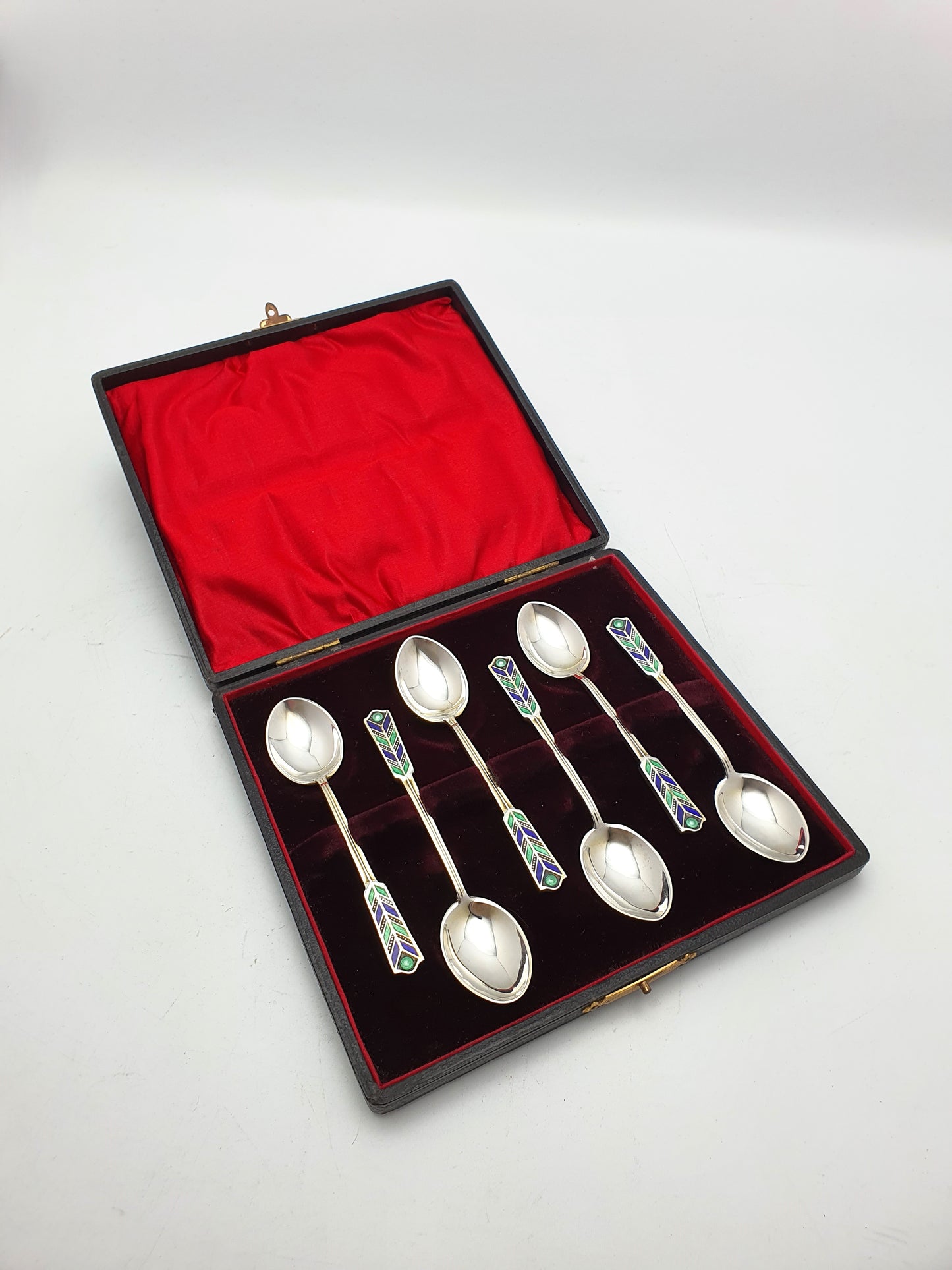 Fabulous Set of 6 Art Deco Enamelled Silver Teaspoons - 1941