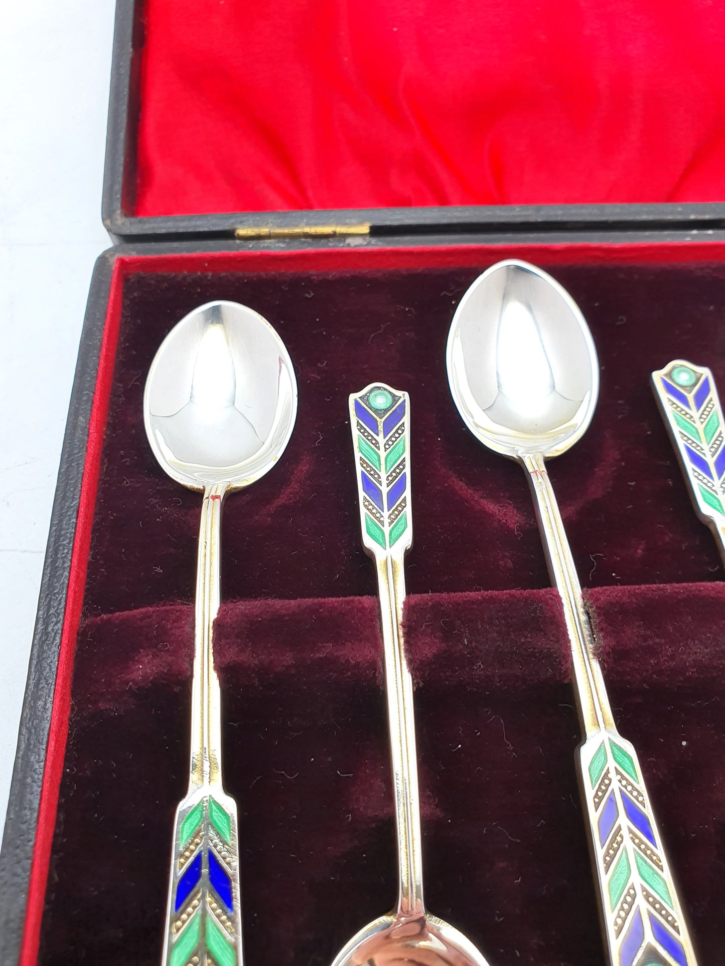 Fabulous Set of 6 Art Deco Enamelled Silver Teaspoons - 1941