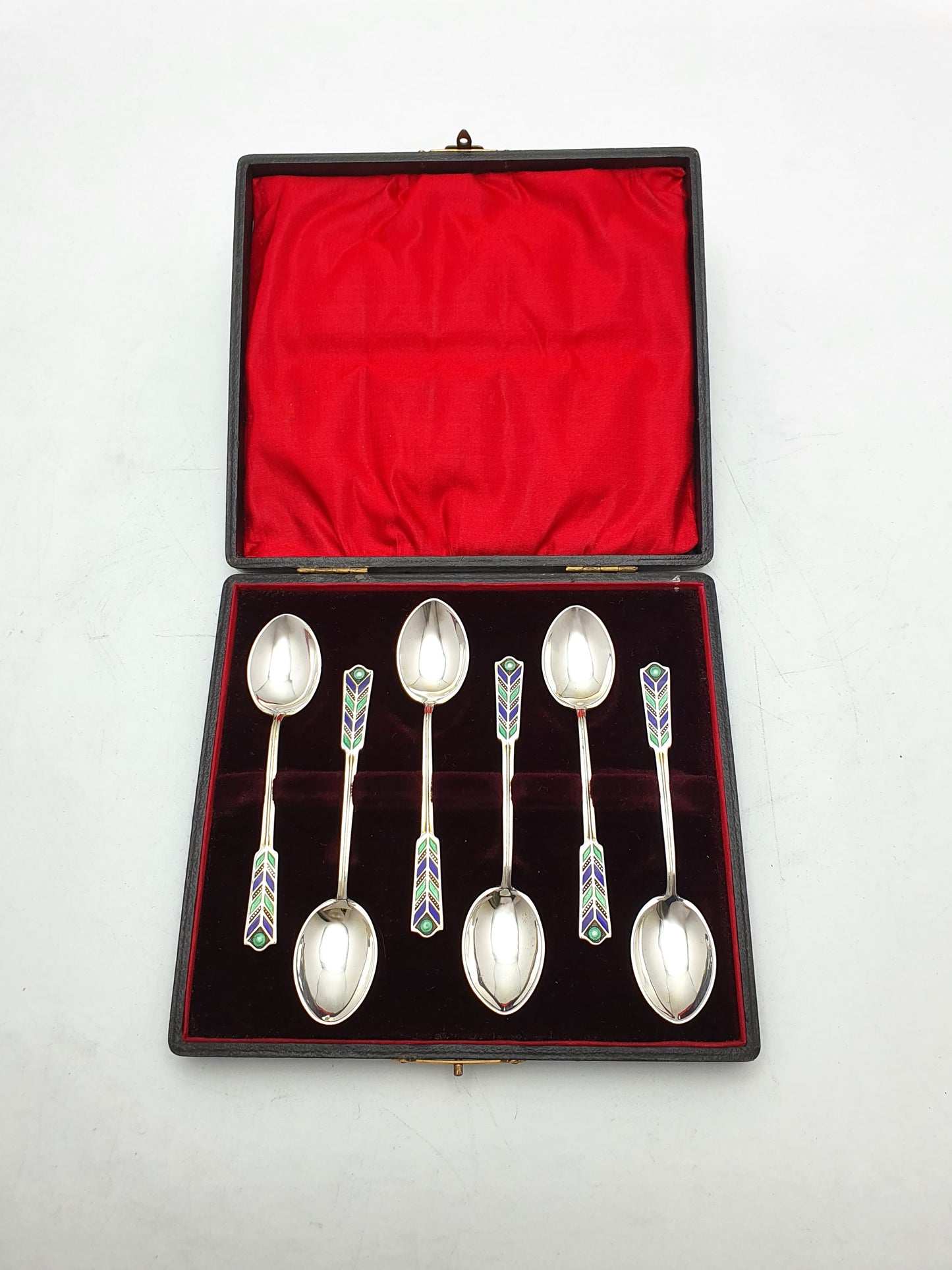 Fabulous Set of 6 Art Deco Enamelled Silver Teaspoons - 1941