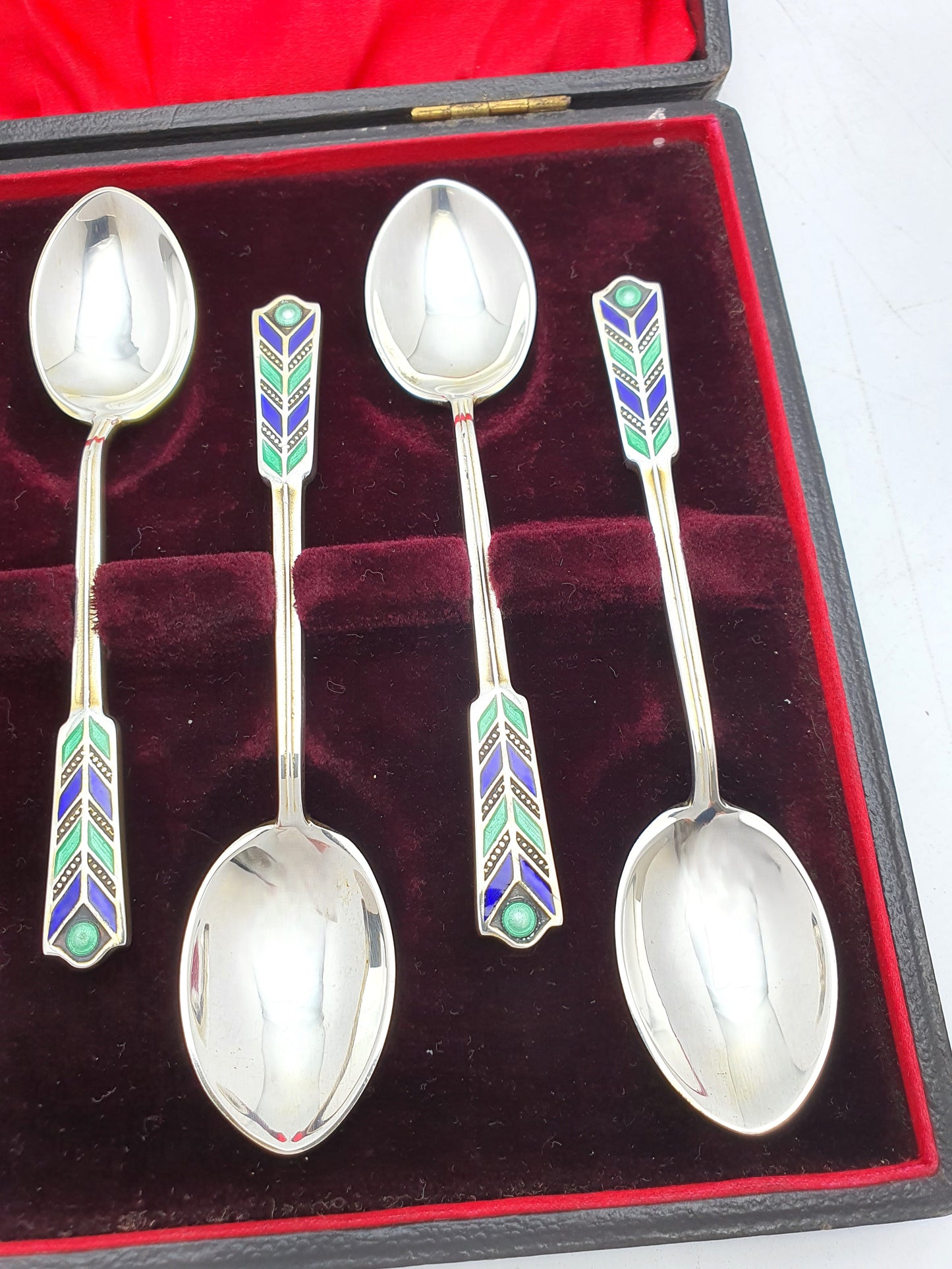 Fabulous Set of 6 Art Deco Enamelled Silver Teaspoons - 1941