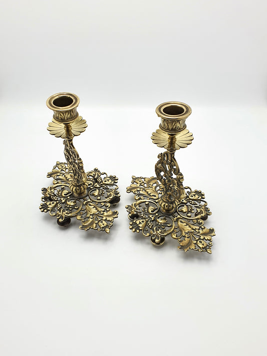 Very Nice Pair of Antique Victorian Brass Tray Based Candlesticks - circa 1890