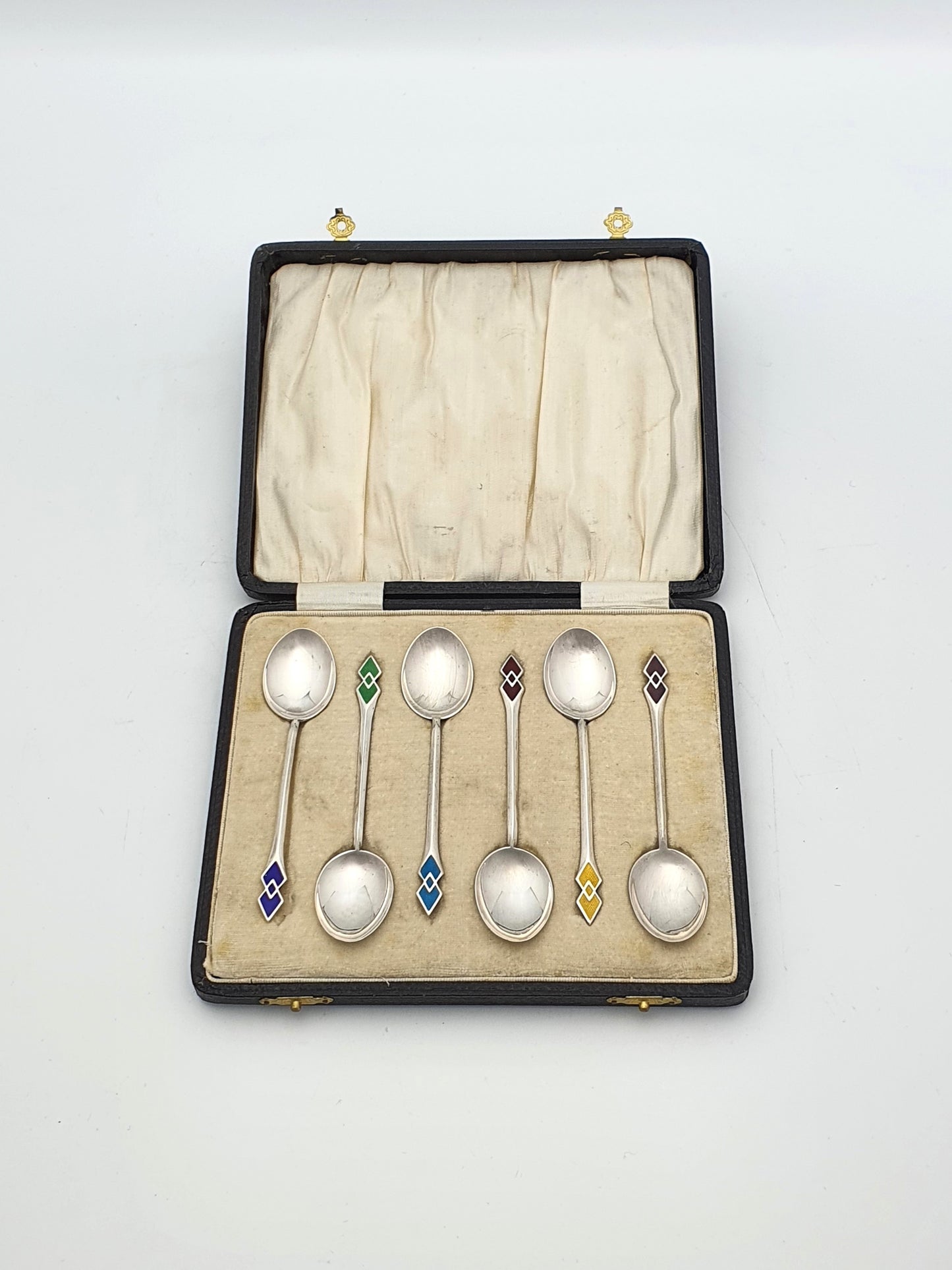 Lovely Set of 6 Art Deco Silver and Enamelled Teaspoons - 1933