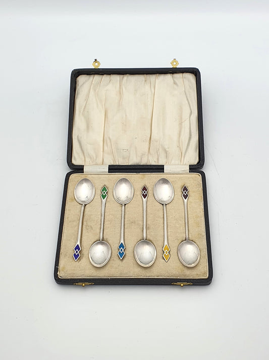 Lovely Set of 6 Art Deco Silver and Enamelled Teaspoons - 1933