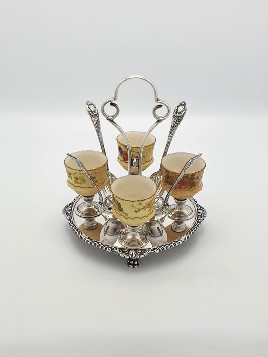 Rare Antique Silver-Plated Egg Cruet Set Featuring Exquisite China Egg Cups – circa 1905