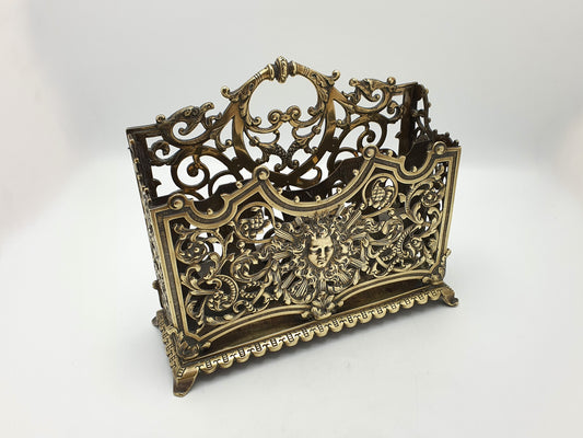 Handsome Antique Victorian Ornate Brass Letter Rack with Pierced Scrollwork & Classical Mask Motif – circa 1890
